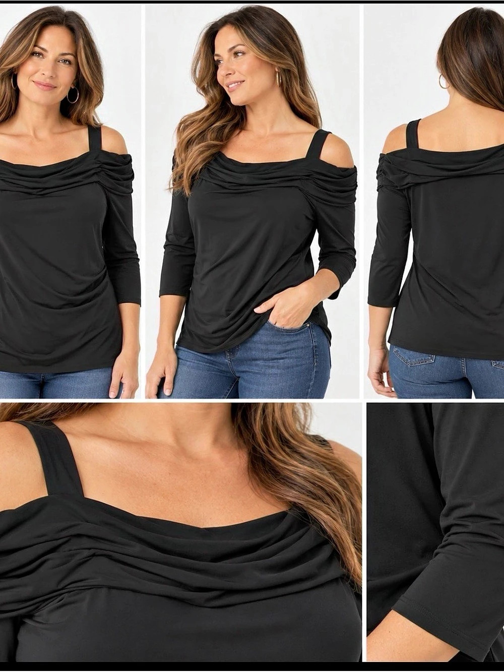 Susan Graver Liquid Knit Cowl Neck Cold Shoulder Top Black Large